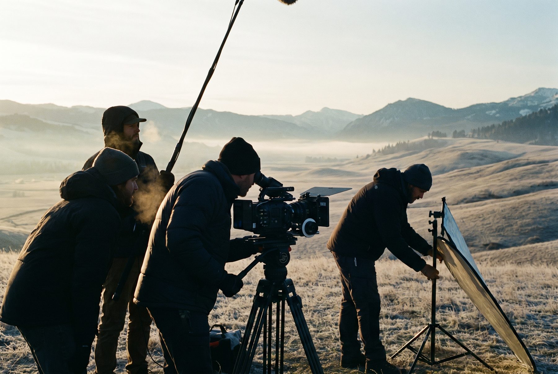 Film crew shooting on location in Montana at dawn